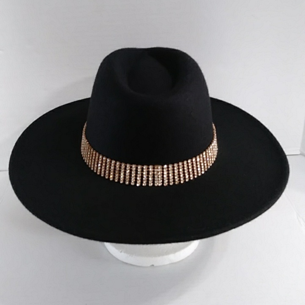 Black Fedora Hat With Gold Rhinestone Trim *EUC* - Picture 5 of 11